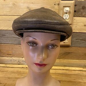 Mens leather flat cap faux shearling hat size XXL snap ear flaps vintage brown